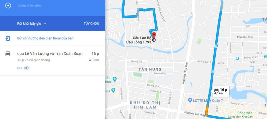 Google map đường đến sân cầu lông T793. Ảnh: Internet.